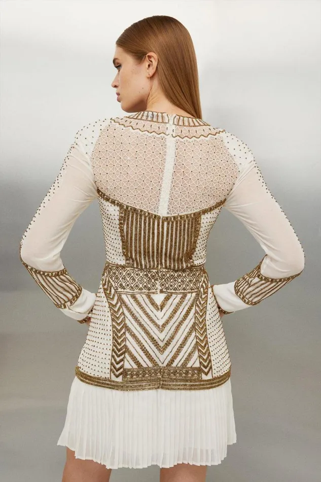 Gold Embellished Pleated Woven Mini Dress Gold Women Karen Millen Dresses