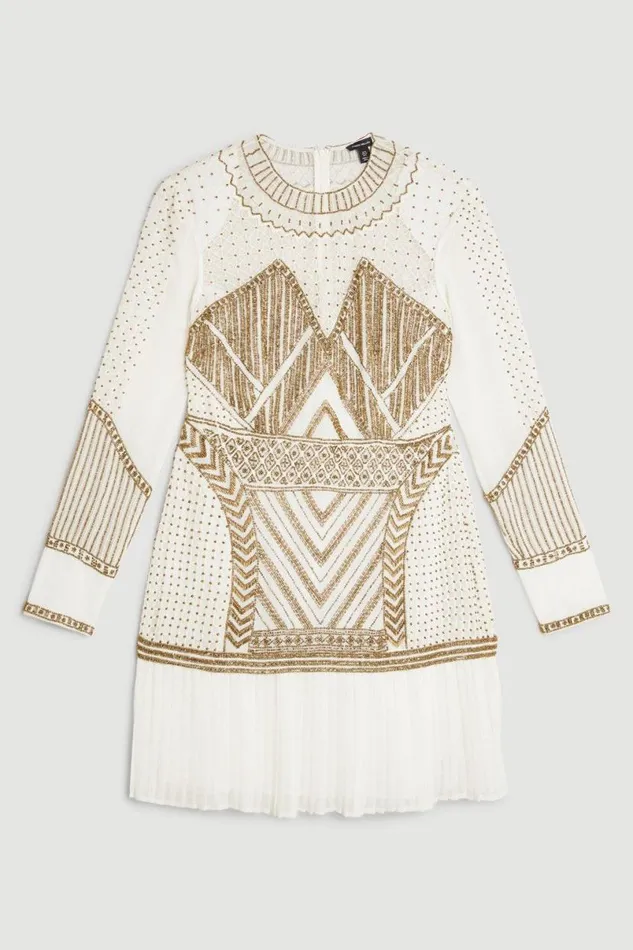 Gold Embellished Pleated Woven Mini Dress Gold Women Karen Millen Dresses