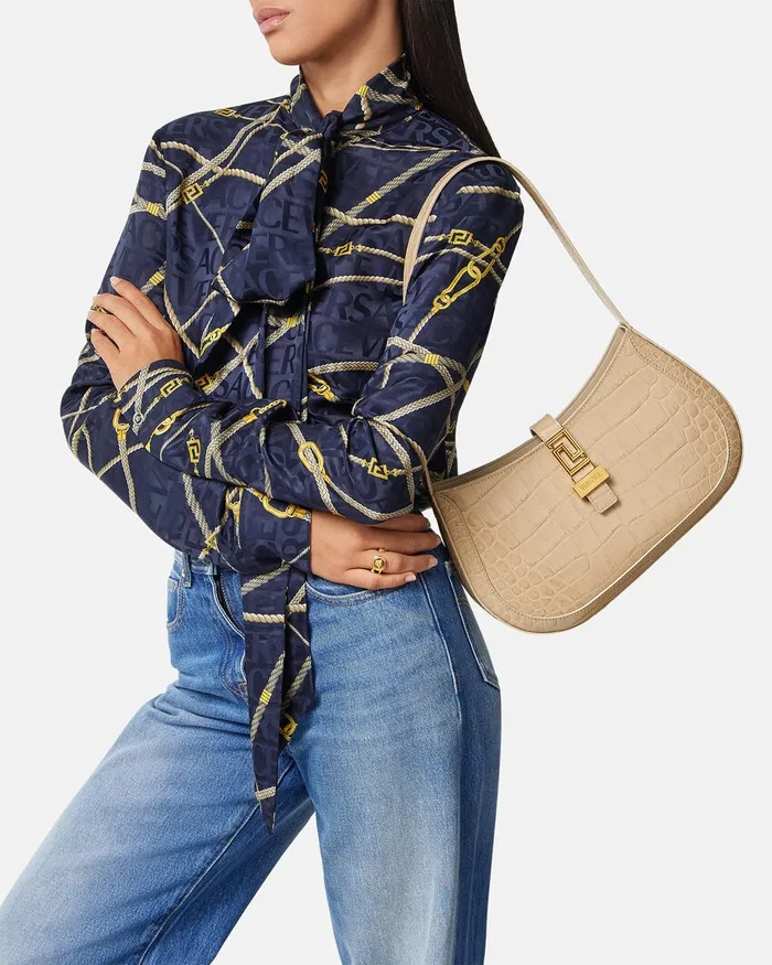 Greca Goddess Women Versace CrocEffect Greca Goddess Hobo Bag Beige
