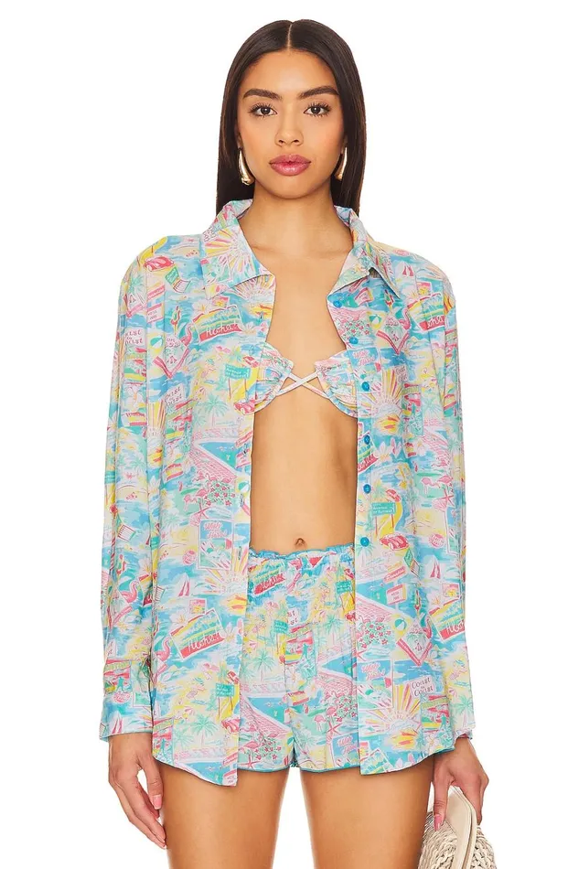 Groovy Delight Shirt Multi Blue Vacay Women Lovers Friends Tops