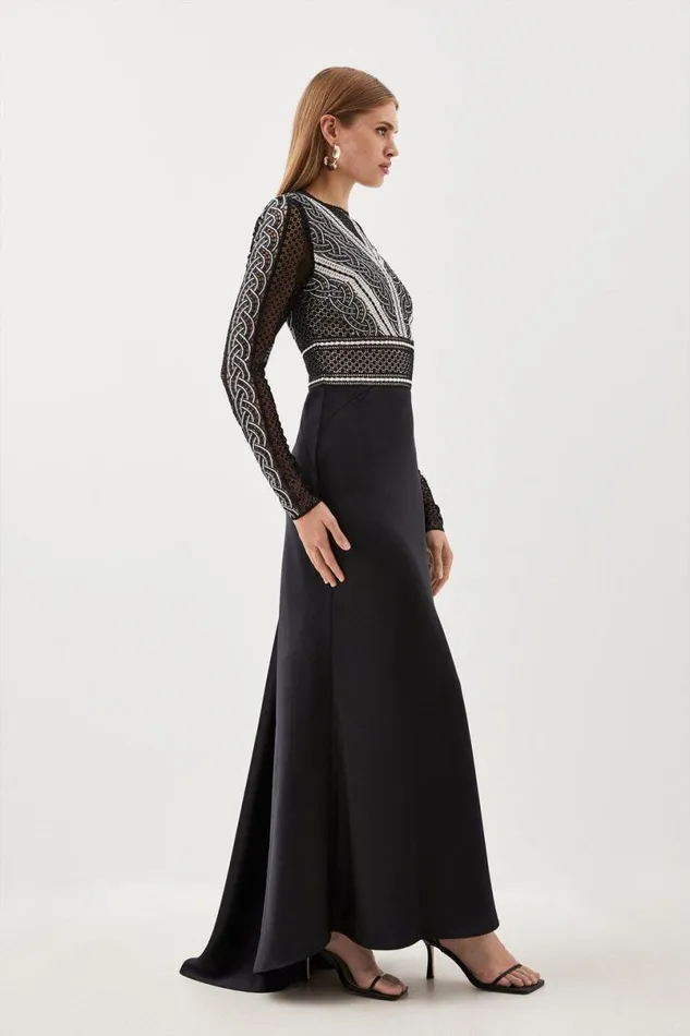 Guipure Lace Satin Woven Maxi Dress Black Women Karen Millen Dresses