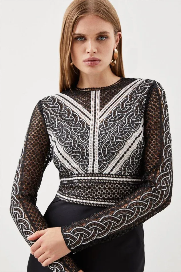 Guipure Lace Satin Woven Maxi Dress Black Women Karen Millen Dresses