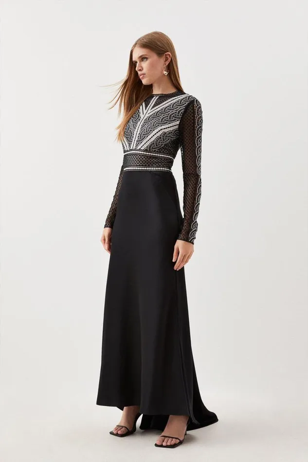 Guipure Lace Satin Woven Maxi Dress Black Women Karen Millen Dresses