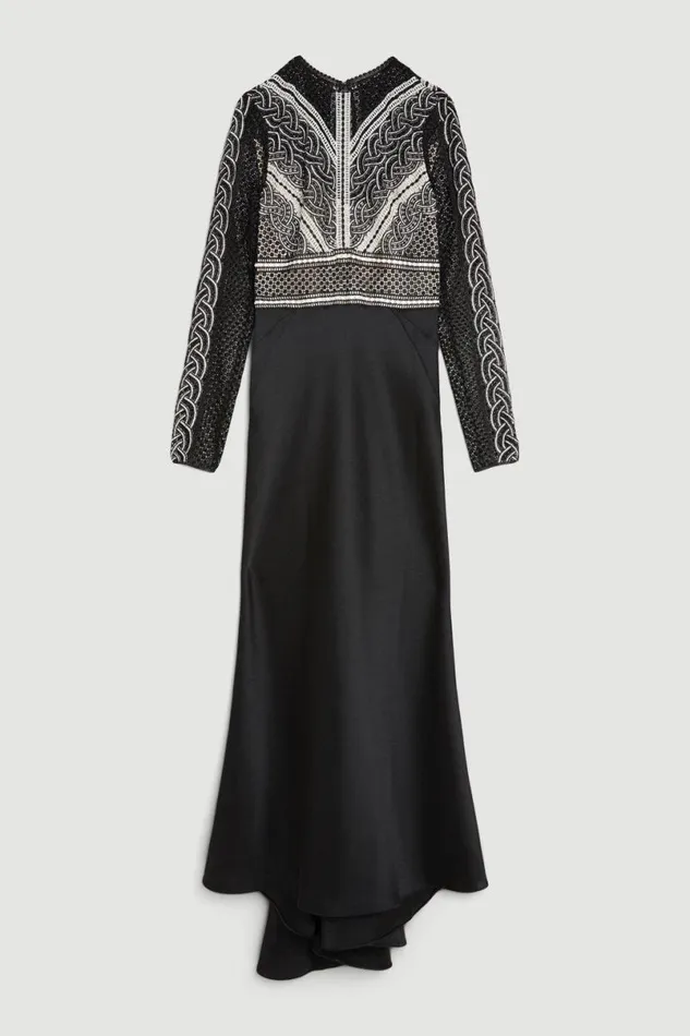 Guipure Lace Satin Woven Maxi Dress Black Women Karen Millen Dresses