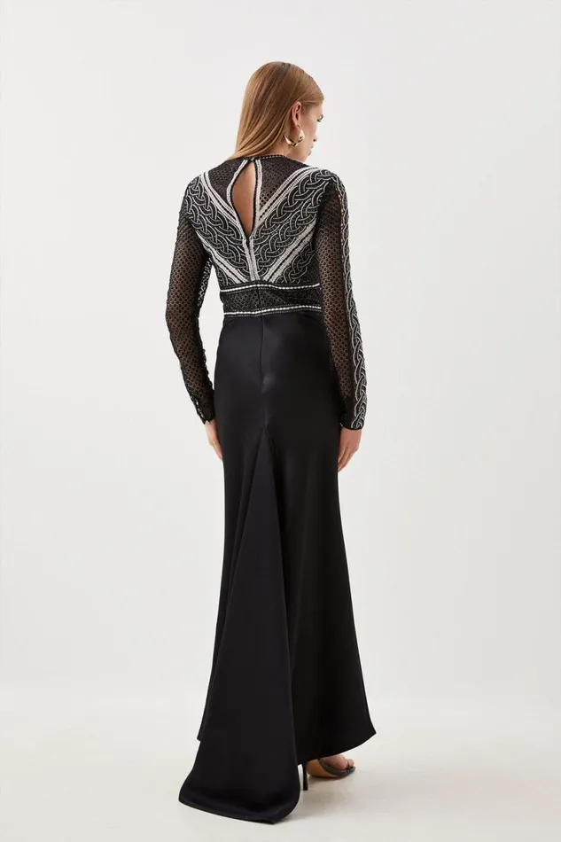 Guipure Lace Satin Woven Maxi Dress Black Women Karen Millen Dresses