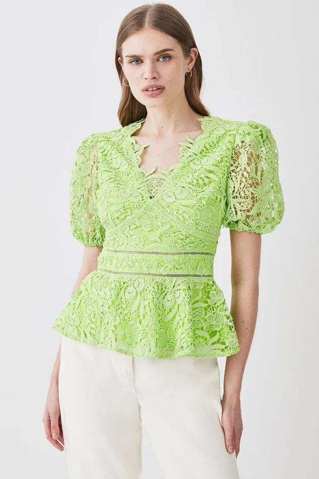 Guipure Lace V Neck Woven Top Lime Women Karen Millen Dresses