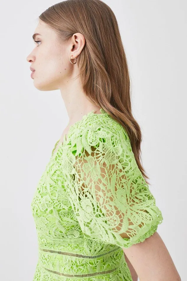 Guipure Lace V Neck Woven Top Lime Women Karen Millen Dresses
