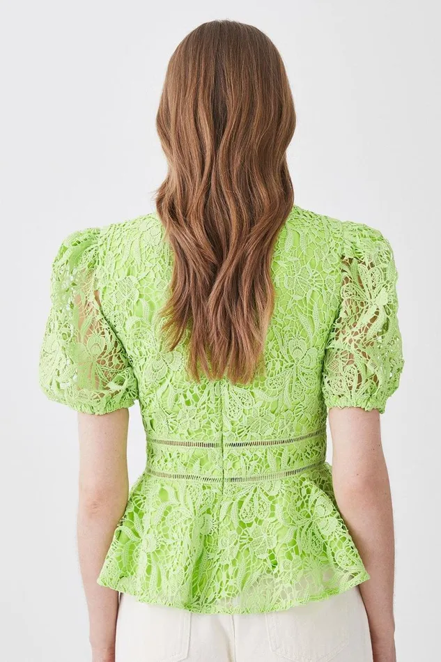 Guipure Lace V Neck Woven Top Lime Women Karen Millen Dresses