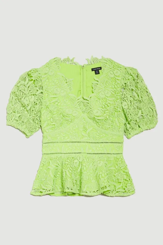 Guipure Lace V Neck Woven Top Lime Women Karen Millen Dresses