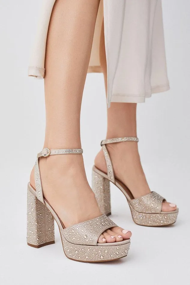 Heatseal Detail Diamante Platform Champagne Women Karen Millen Heels
