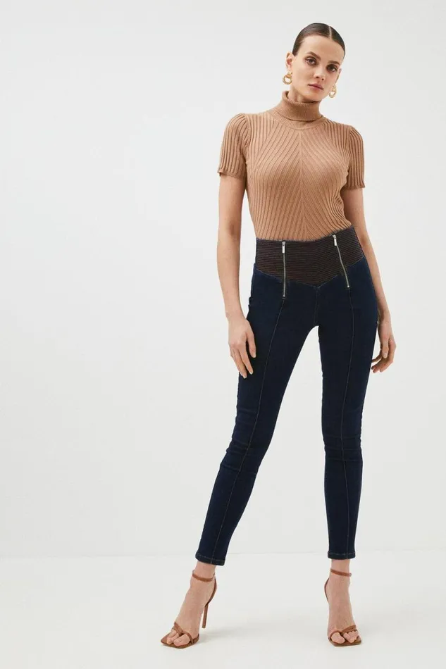 High Rise Skinny Zip Detail Stretch Jeans Indigo Women Karen Millen Jeans