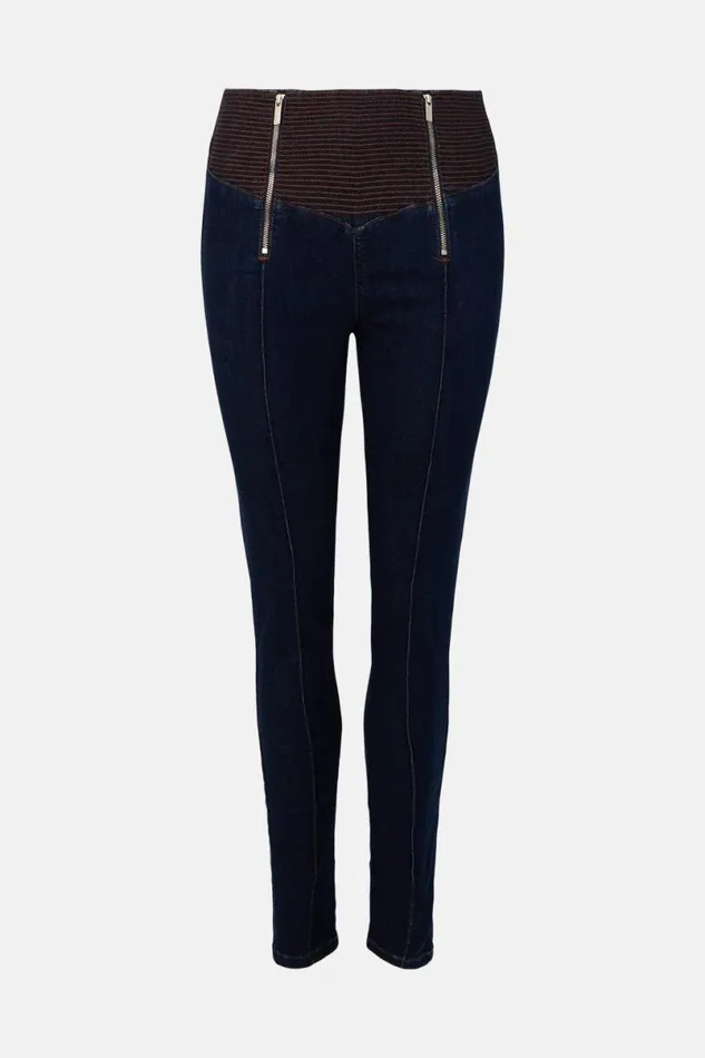 High Rise Skinny Zip Detail Stretch Jeans Indigo Women Karen Millen Jeans