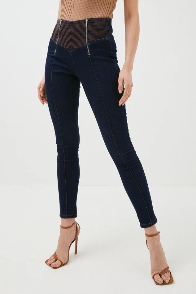 High Rise Skinny Zip Detail Stretch Jeans Indigo Women Karen Millen Jeans