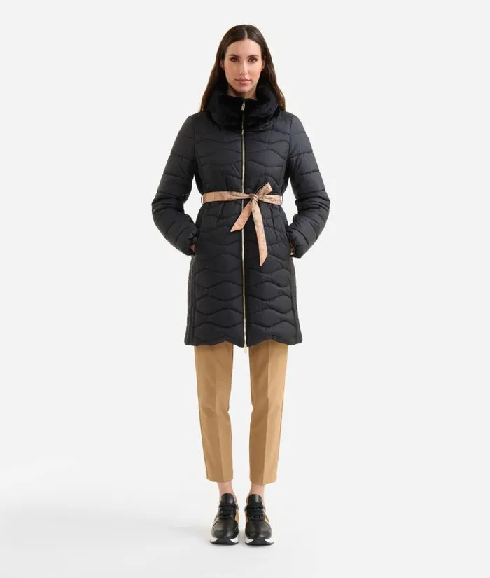 Iridescent Padded Nylon Jacket With Faux Fur Collar Black Woman Alviero Martini Coats and Jackets