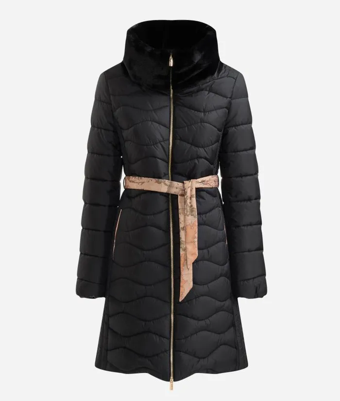 Iridescent Padded Nylon Jacket With Faux Fur Collar Black Woman Alviero Martini Coats and Jackets