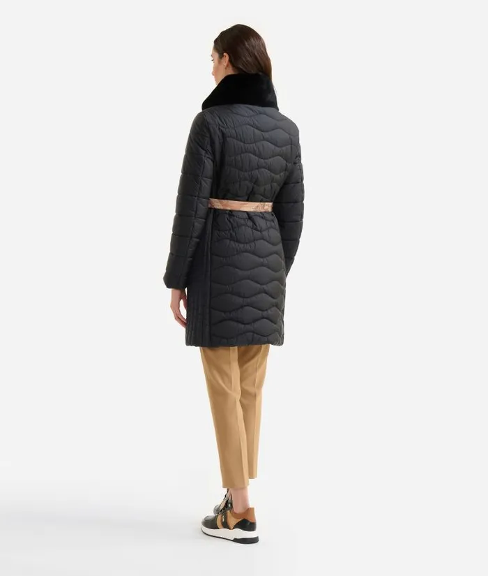 Iridescent Padded Nylon Jacket With Faux Fur Collar Black Woman Alviero Martini Coats and Jackets