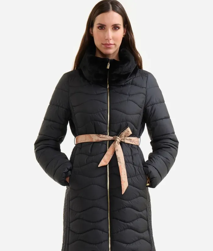 Iridescent Padded Nylon Jacket With Faux Fur Collar Black Woman Alviero Martini Coats and Jackets