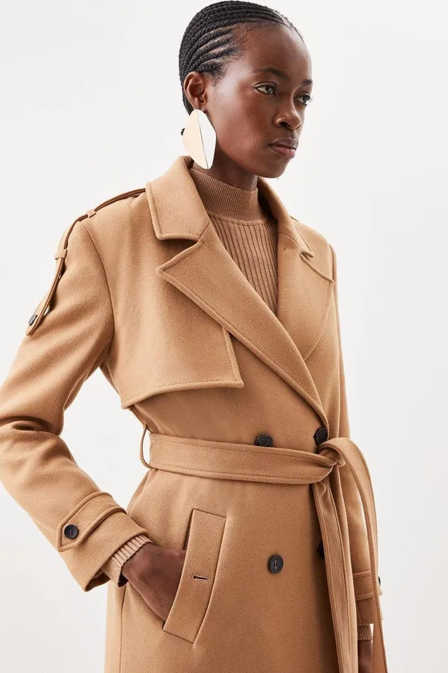 Italian Manteco Wool Blend Self Tie Belted Trench Coat Camel Women Karen Millen Coats and Jackets