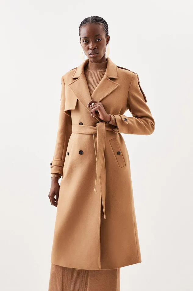 Italian Manteco Wool Blend Self Tie Belted Trench Coat Camel Women Karen Millen Coats and Jackets
