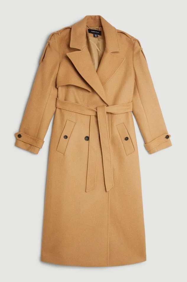 Italian Manteco Wool Blend Self Tie Belted Trench Coat Camel Women Karen Millen Coats and Jackets