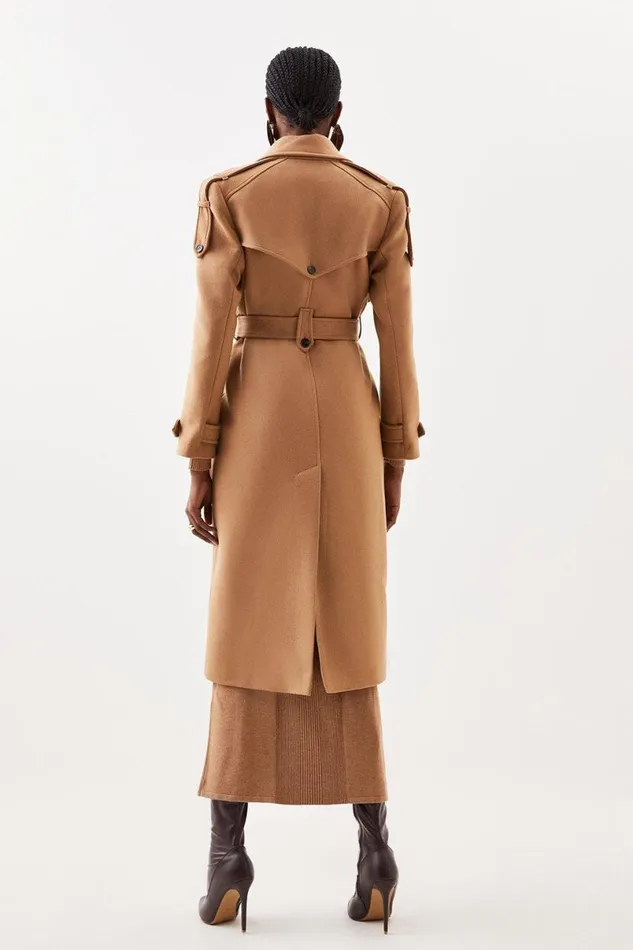 Italian Manteco Wool Blend Self Tie Belted Trench Coat Camel Women Karen Millen Coats and Jackets