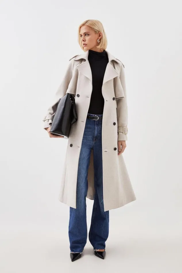 Italian Manteco Wool Blend Tailored Belted Trench Coat Oatmeal Women Karen Millen Coats and Jackets Italian Manteco Wool Blend Tailored Belted Trench Coat Oatmeal Women Karen Millen Coats and Jackets
