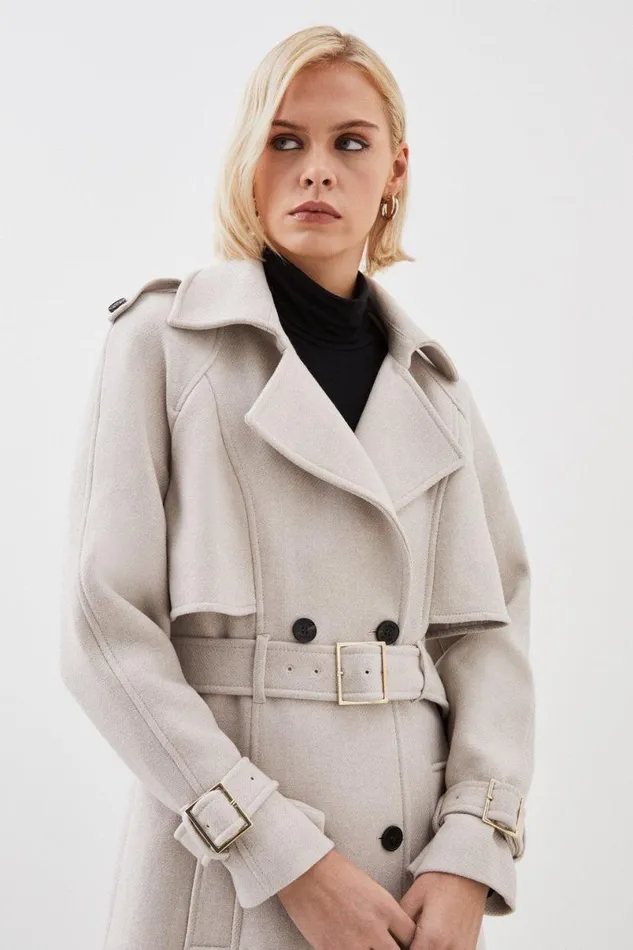 Italian Manteco Wool Blend Tailored Belted Trench Coat Oatmeal Women Karen Millen Coats and Jackets
