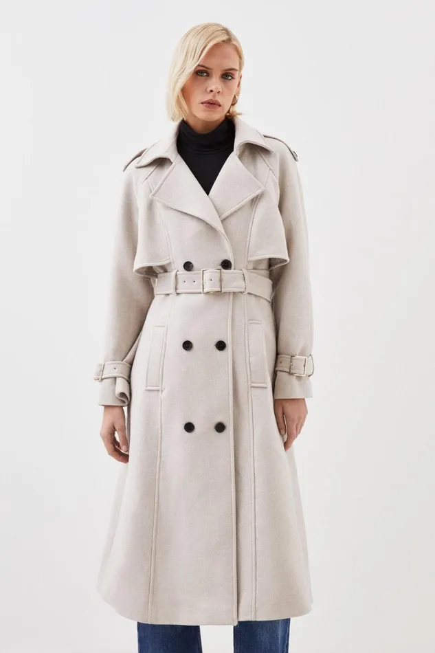 Italian Manteco Wool Blend Tailored Belted Trench Coat Oatmeal Women Karen Millen Coats and Jackets