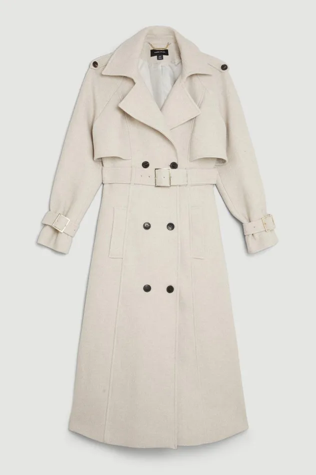 Italian Manteco Wool Blend Tailored Belted Trench Coat Oatmeal Women Karen Millen Coats and Jackets