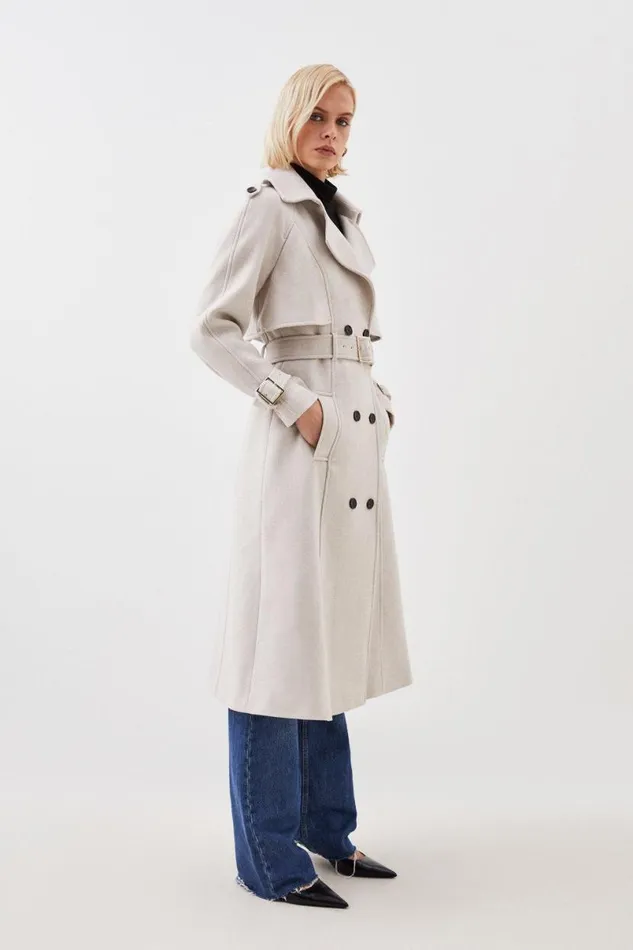 Italian Manteco Wool Blend Tailored Belted Trench Coat Oatmeal Women Karen Millen Coats and Jackets