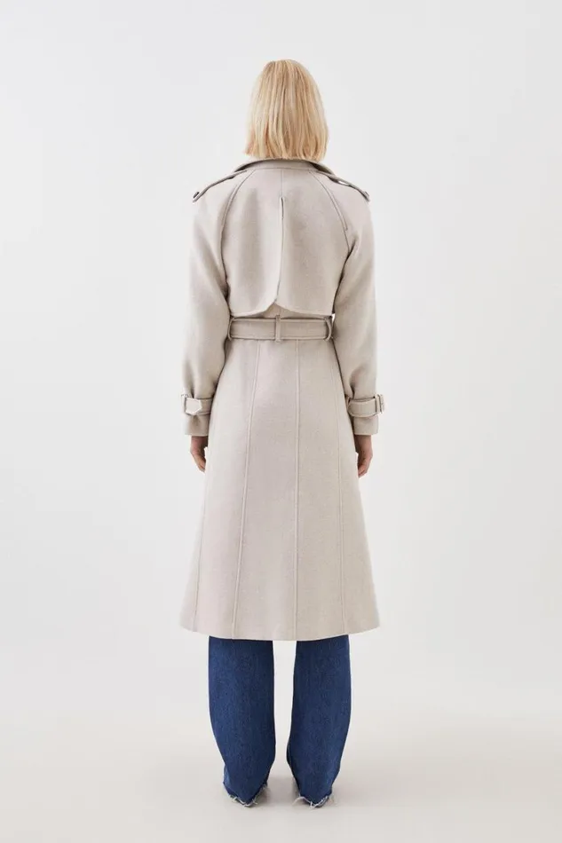 Italian Manteco Wool Blend Tailored Belted Trench Coat Oatmeal Women Karen Millen Coats and Jackets