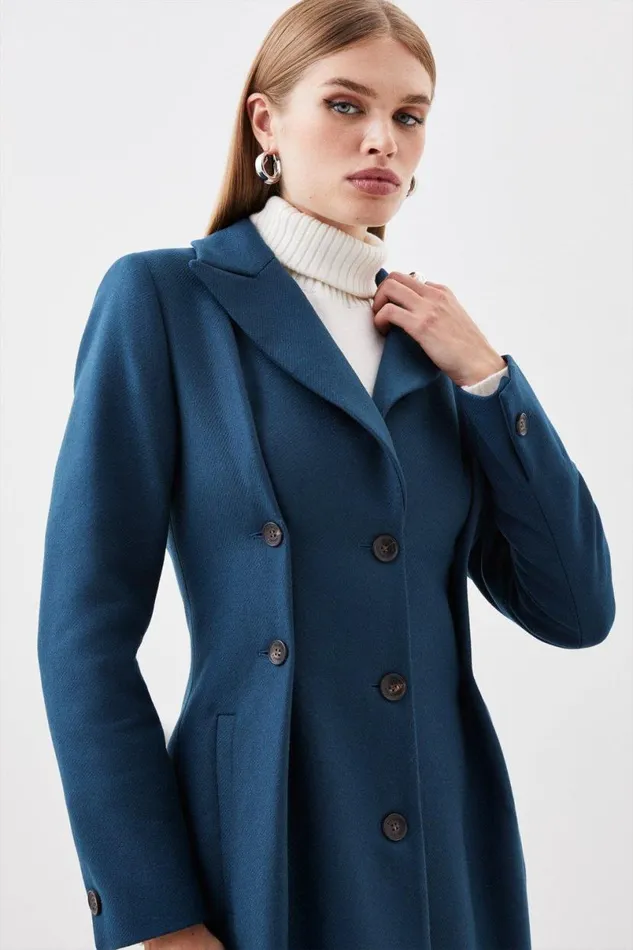 Italian Manteco Wool Button Waist Detail Tailored Coat Teal Women Karen Millen Coats and Jackets