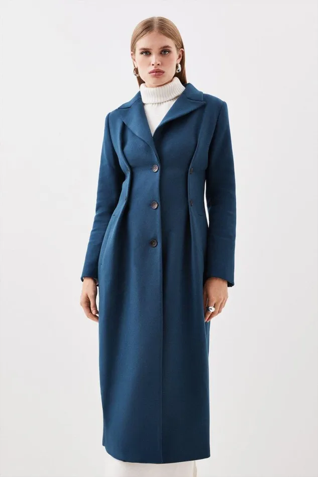Italian Manteco Wool Button Waist Detail Tailored Coat Teal Women Karen Millen Coats and Jackets