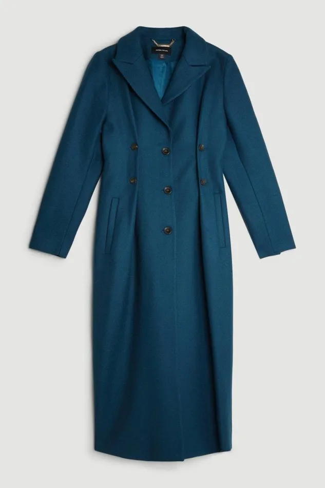 Italian Manteco Wool Button Waist Detail Tailored Coat Teal Women Karen Millen Coats and Jackets