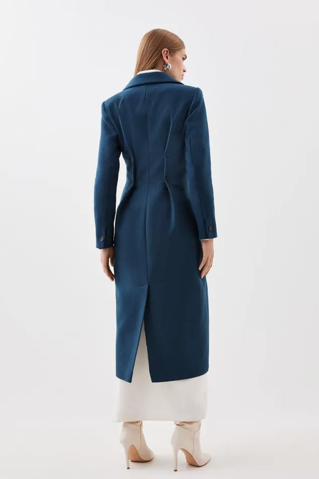 Italian Manteco Wool Button Waist Detail Tailored Coat Teal Women Karen Millen Coats and Jackets