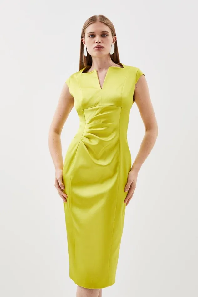 Italian Satin Envelope Neck Pencil Tailored Midi Dress Lime Women Karen Millen Dresses