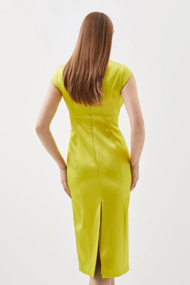 Italian Satin Envelope Neck Pencil Tailored Midi Dress Lime Women Karen Millen Dresses