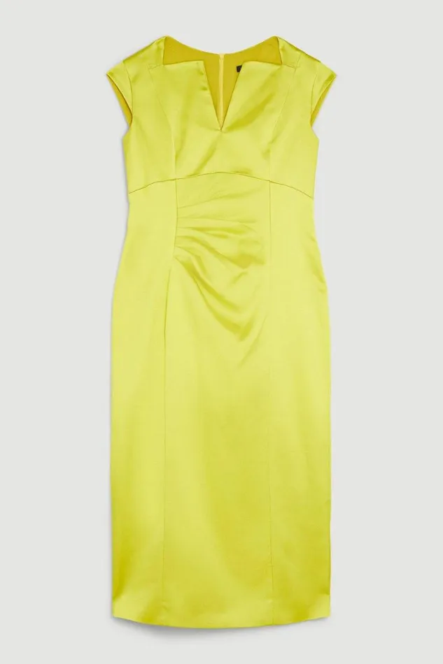 Italian Satin Envelope Neck Pencil Tailored Midi Dress Lime Women Karen Millen Dresses