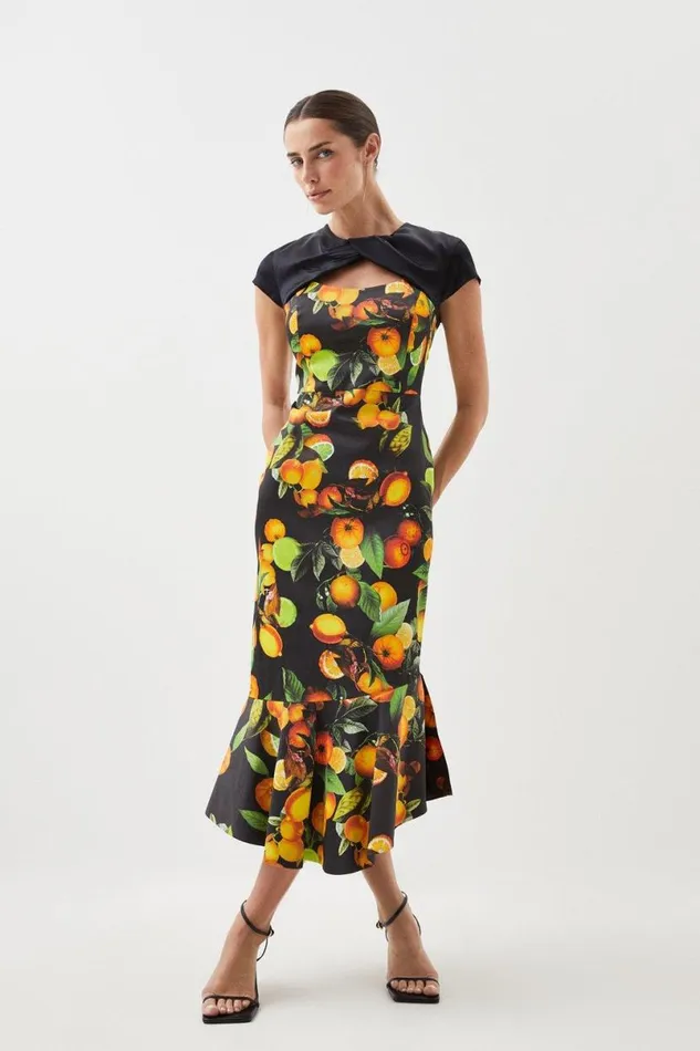 Italian Signature Stretch Citrus Contrast Midi Dress Black Women Karen Millen Dresses