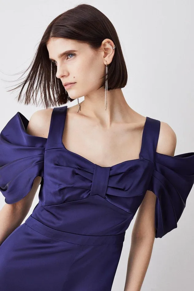 Italian Structed Satin Bandeau Wide Leg Jumpsuit Navy Women Karen Millen Jumpsuits and Playsuits