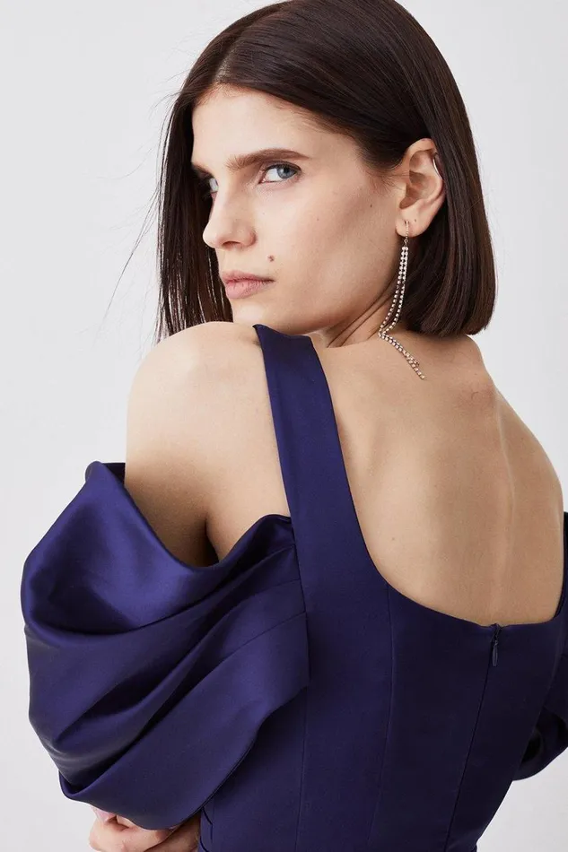 Italian Structed Satin Bandeau Wide Leg Jumpsuit Navy Women Karen Millen Jumpsuits and Playsuits