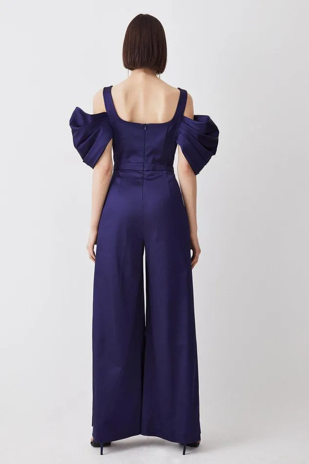 Italian Structed Satin Bandeau Wide Leg Jumpsuit Navy Women Karen Millen Jumpsuits and Playsuits