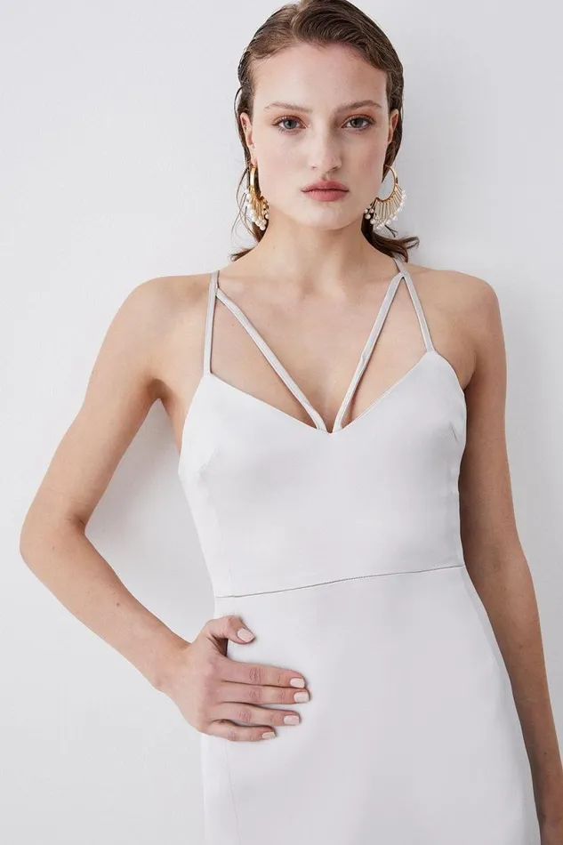 Italian Structured Satin Tailored Pencil Midi Dress Oyster Women Karen Millen Dresses