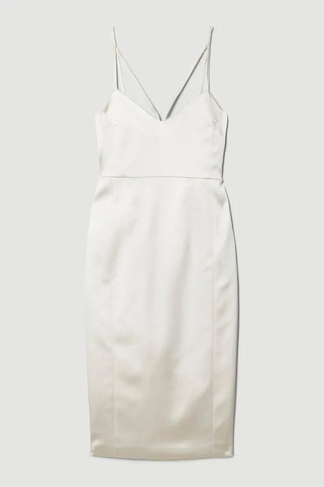 Italian Structured Satin Tailored Pencil Midi Dress Oyster Women Karen Millen Dresses