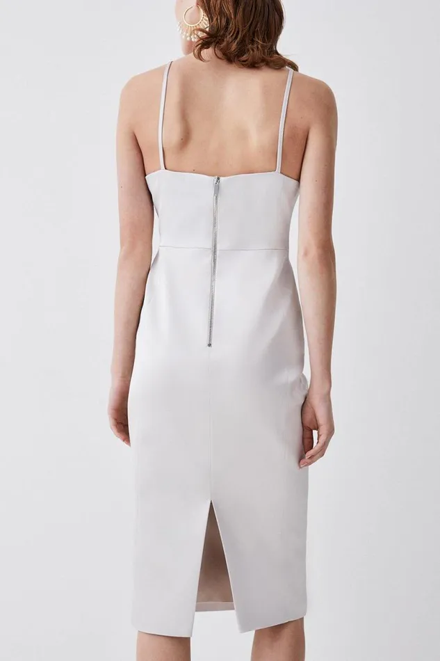 Italian Structured Satin Tailored Pencil Midi Dress Oyster Women Karen Millen Dresses