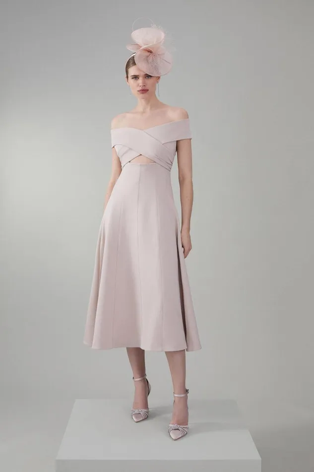 Italian Structured Stretch Bardot Full Skirt Midi Dress Oyster Women Karen Millen Dresses Italian Structured Stretch Bardot Full Skirt Midi Dress Oyster Women Karen Millen Dresses