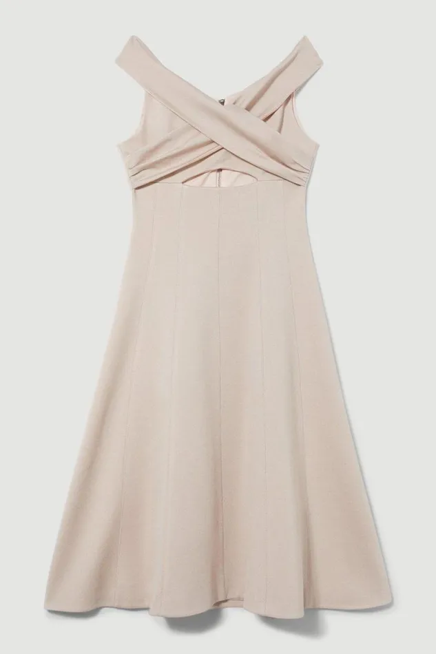 Italian Structured Stretch Bardot Full Skirt Midi Dress Oyster Women Karen Millen Dresses