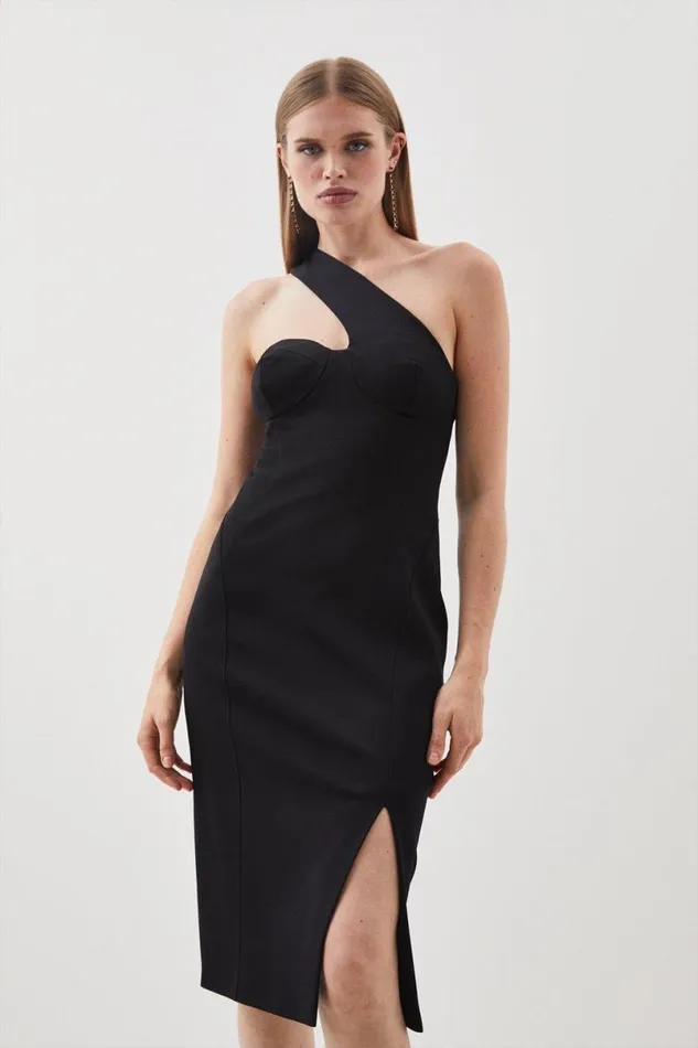 Italian Structured Stretch One Shoulder Corset Midi Dress Black Women Karen Millen Tops