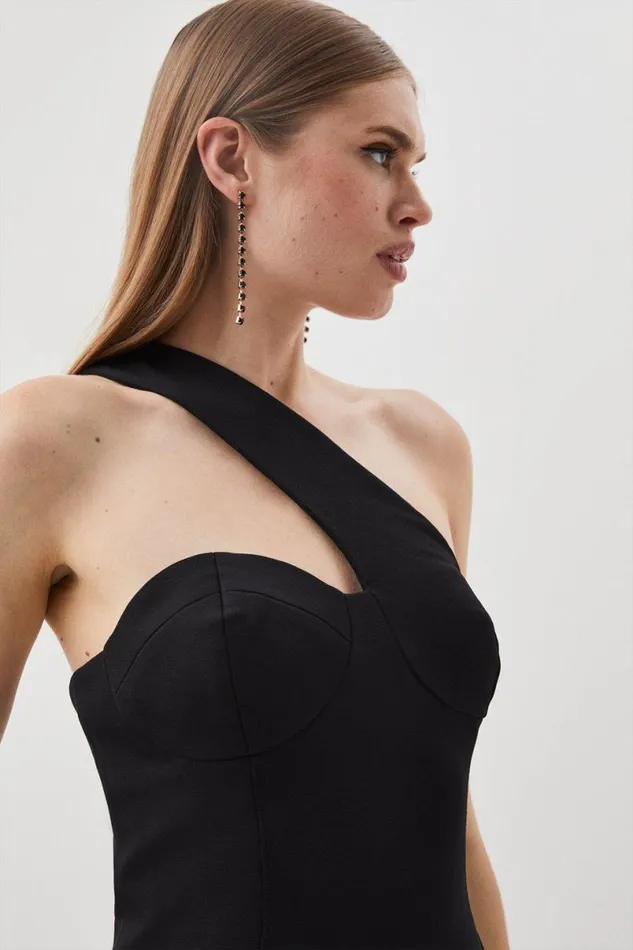 Italian Structured Stretch One Shoulder Corset Midi Dress Black Women Karen Millen Tops