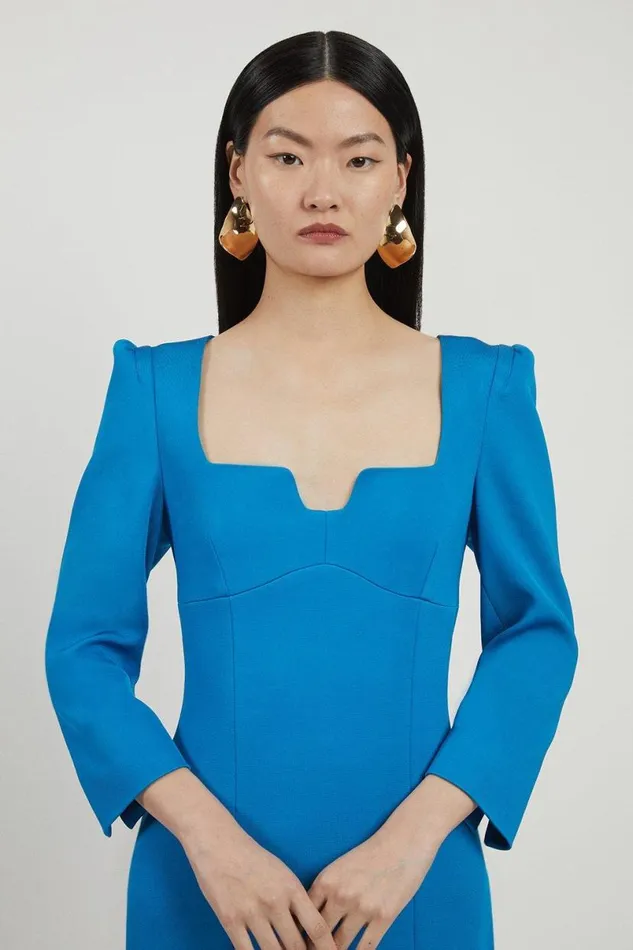 Italian Structured Stretch Sweetheart Neck Split Front Midaxi Dress Blue Women Karen Millen Dresses